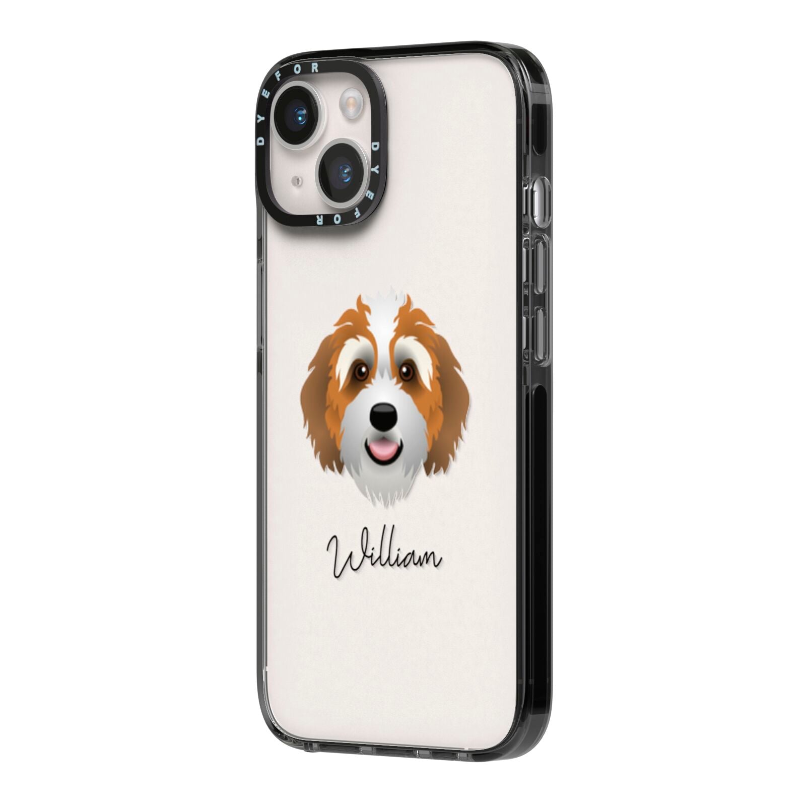 Bernedoodle Personalised iPhone 14 Black Impact Case Side Angle on Silver phone