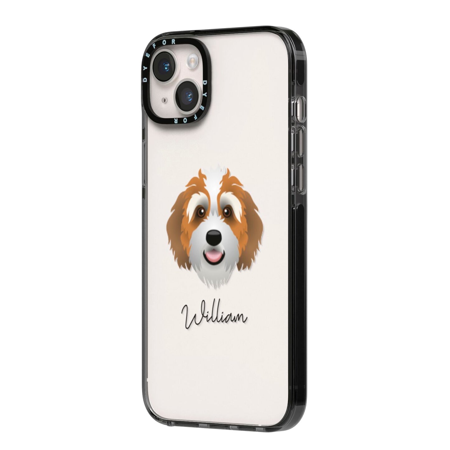 Bernedoodle Personalised iPhone 14 Plus Black Impact Case Side Angle on Silver phone