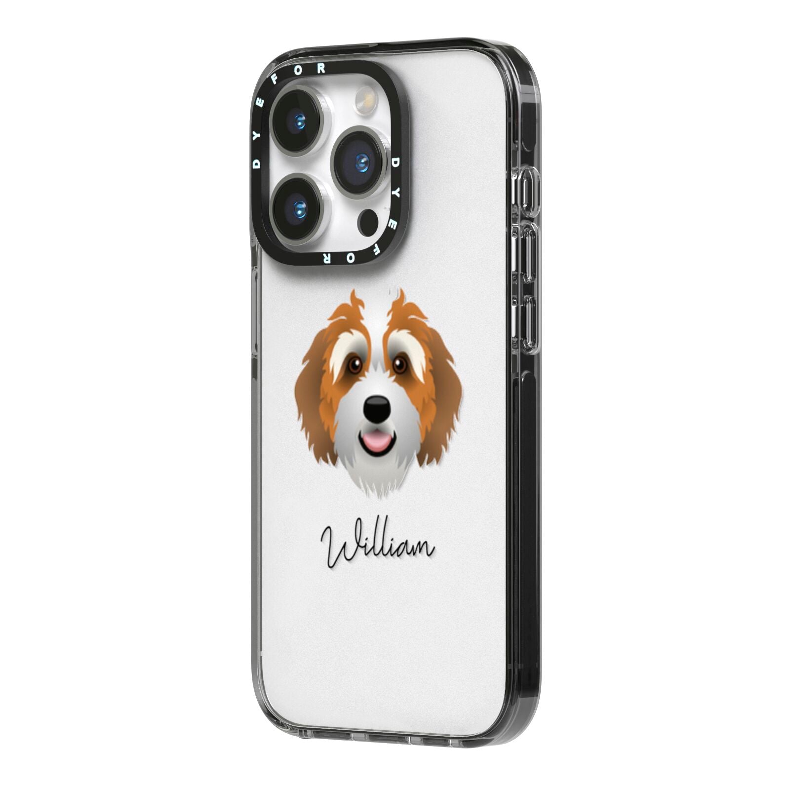 Bernedoodle Personalised iPhone 14 Pro Black Impact Case Side Angle on Silver phone