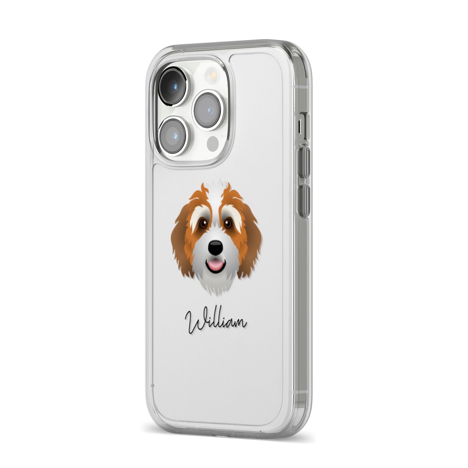 Bernedoodle Personalised iPhone 14 Pro Clear Tough Case Silver Angled Image