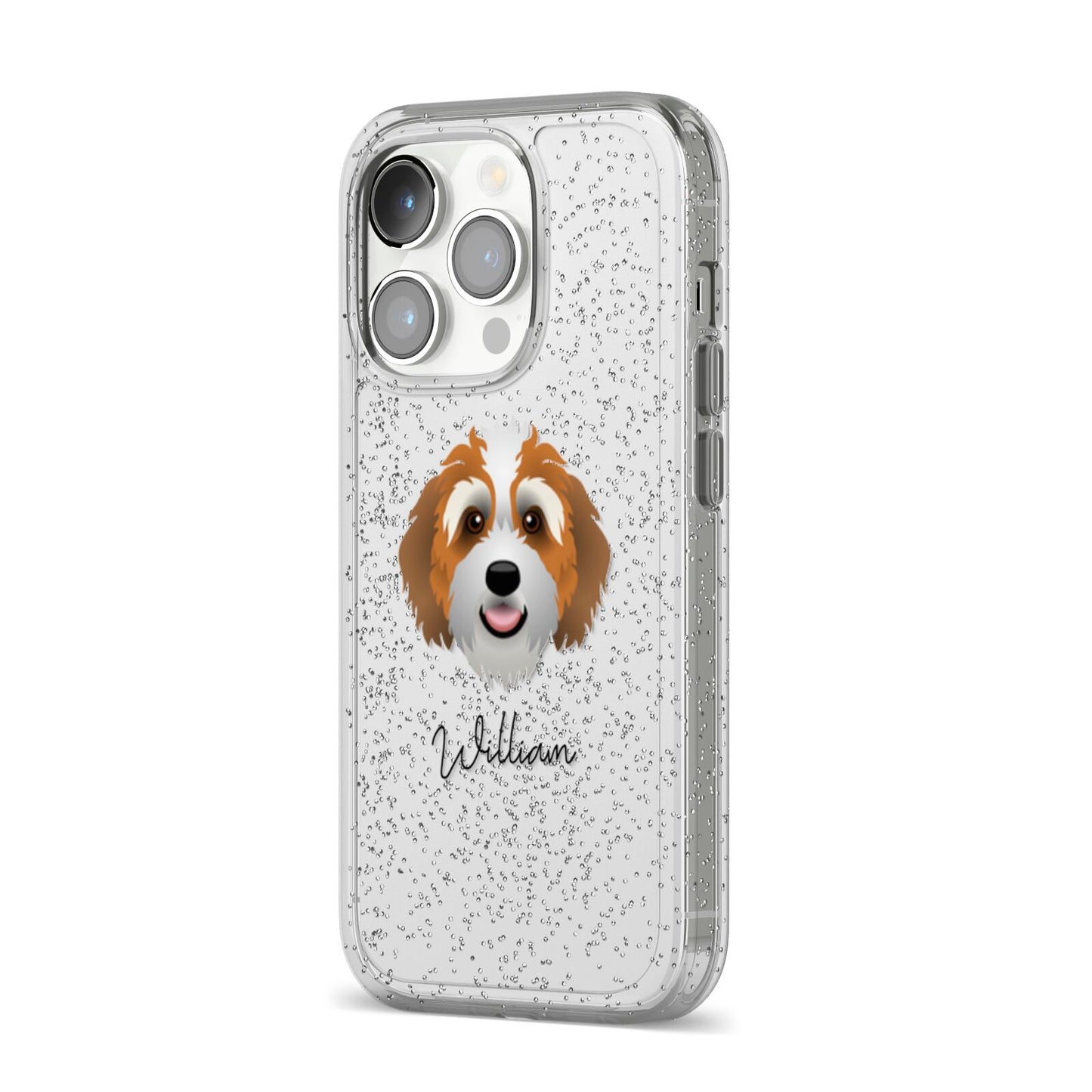 Bernedoodle Personalised iPhone 14 Pro Glitter Tough Case Silver Angled Image