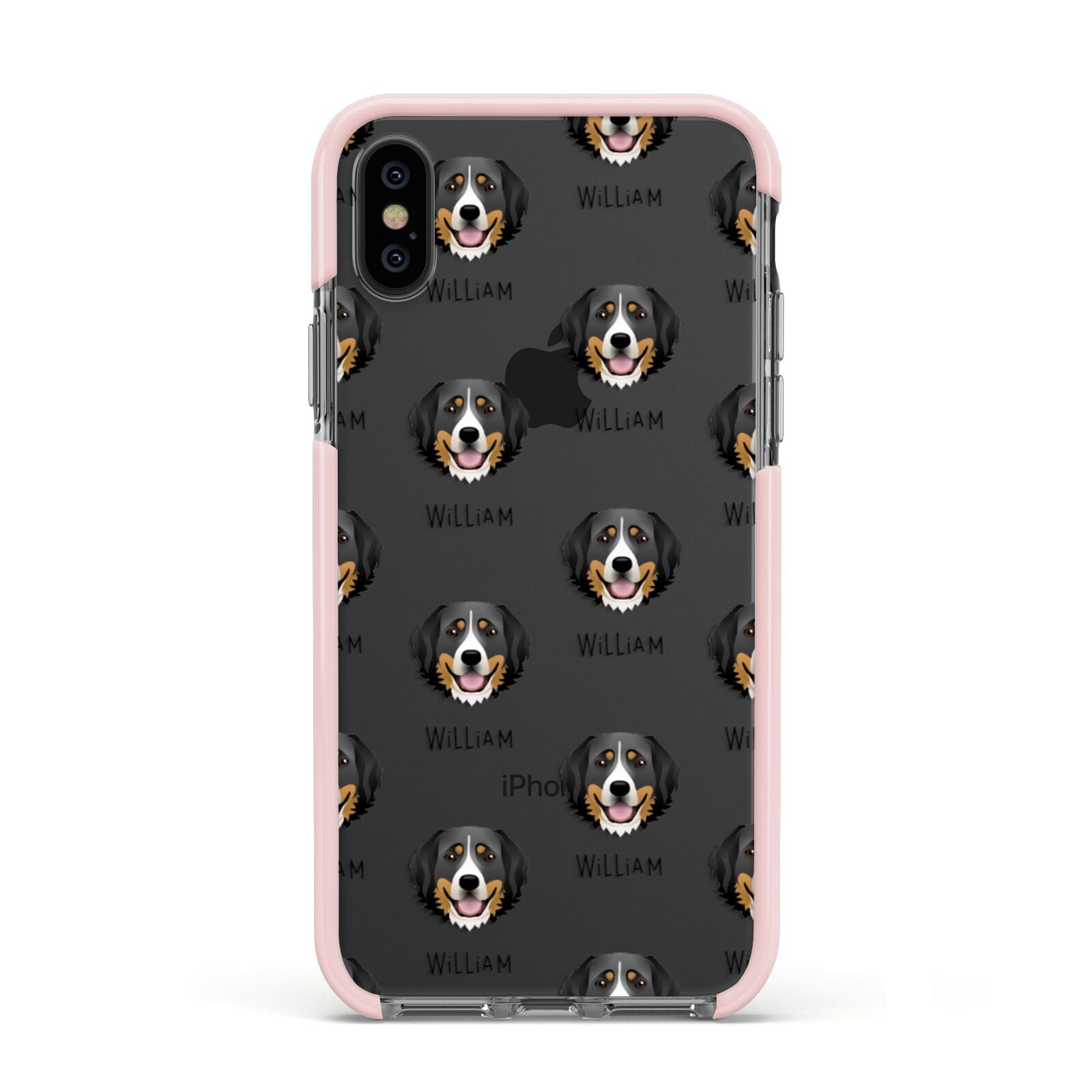 Bernese Mountain Dog Icon with Name Apple iPhone Xs Impact Case Pink Edge on Black Phone