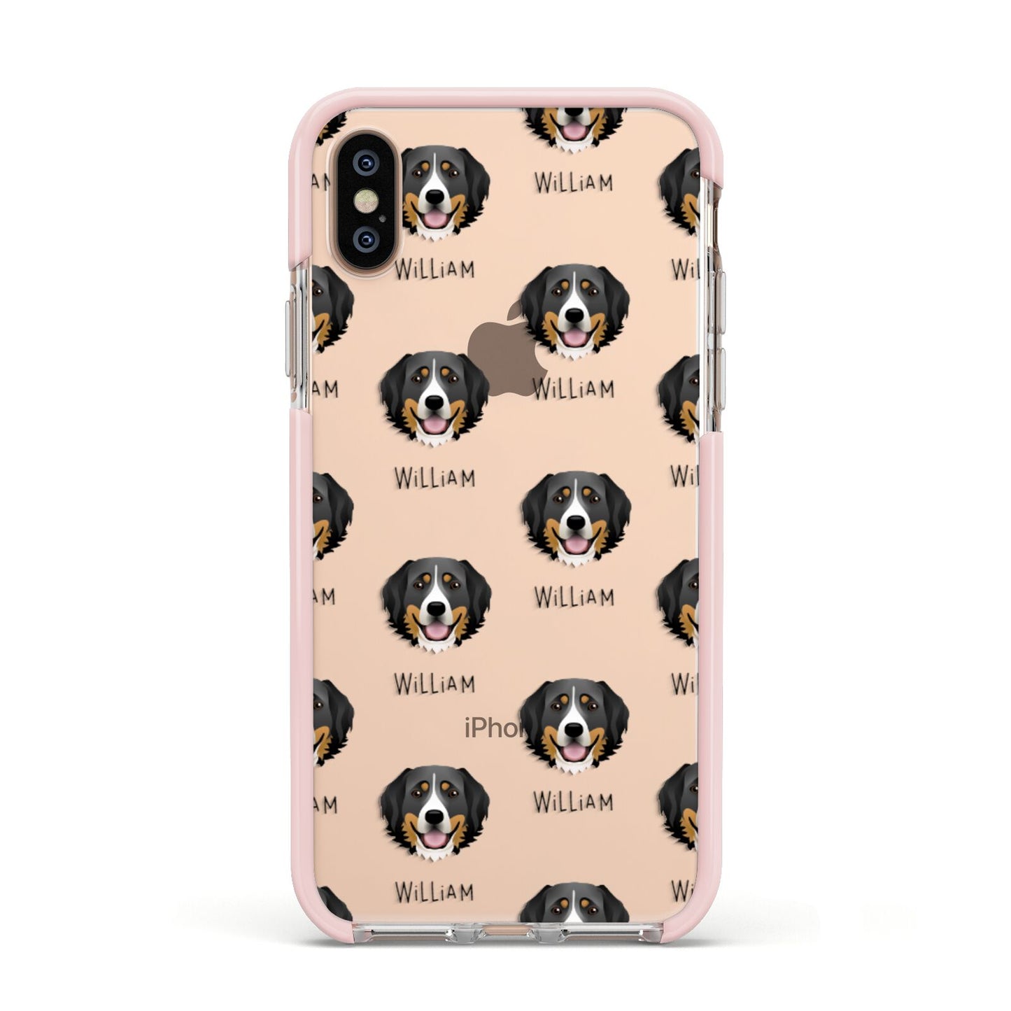 Bernese Mountain Dog Icon with Name Apple iPhone Xs Impact Case Pink Edge on Gold Phone
