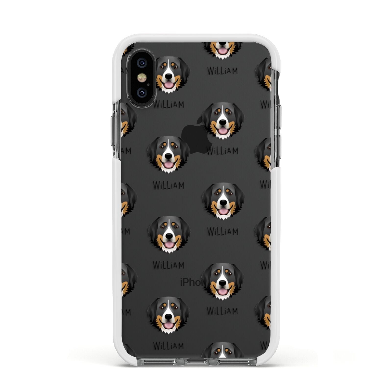 Bernese Mountain Dog Icon with Name Apple iPhone Xs Impact Case White Edge on Black Phone