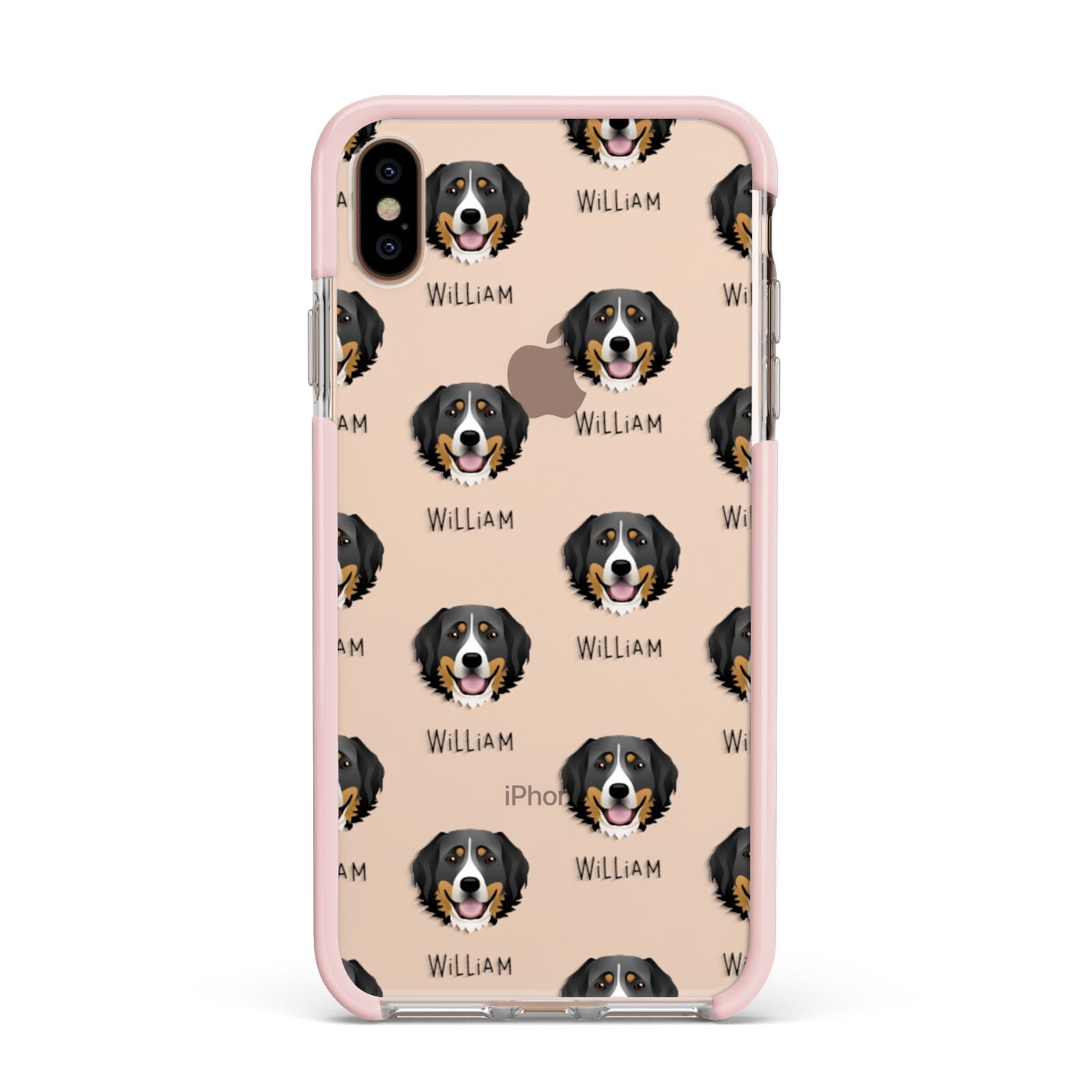 Bernese Mountain Dog Icon with Name Apple iPhone Xs Max Impact Case Pink Edge on Gold Phone
