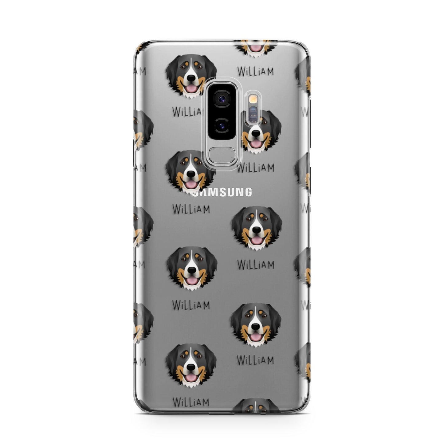 Bernese Mountain Dog Icon with Name Samsung Galaxy S9 Plus Case on Silver phone