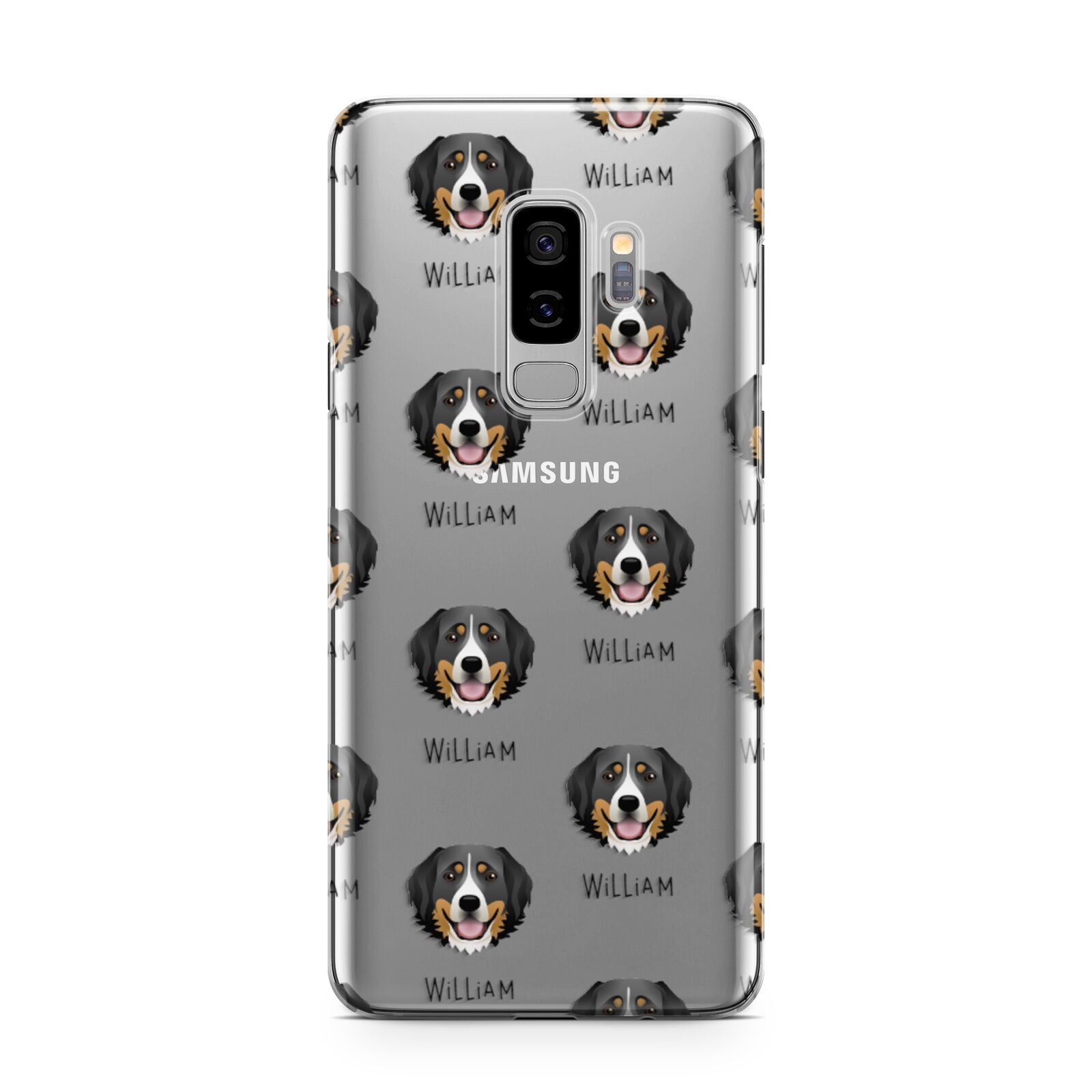 Bernese Mountain Dog Icon with Name Samsung Galaxy S9 Plus Case on Silver phone