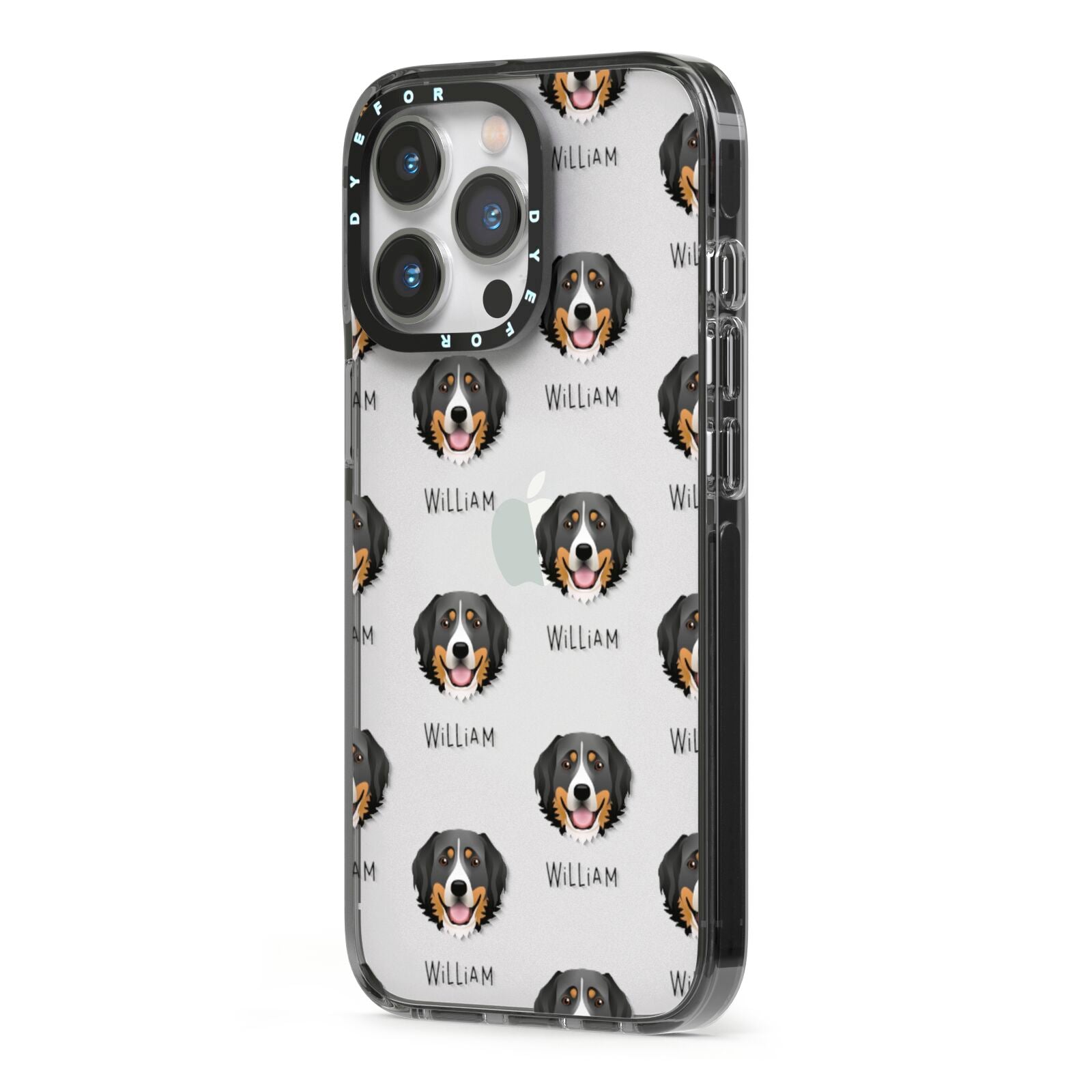 Bernese Mountain Dog Icon with Name iPhone 13 Pro Black Impact Case Side Angle on Silver phone