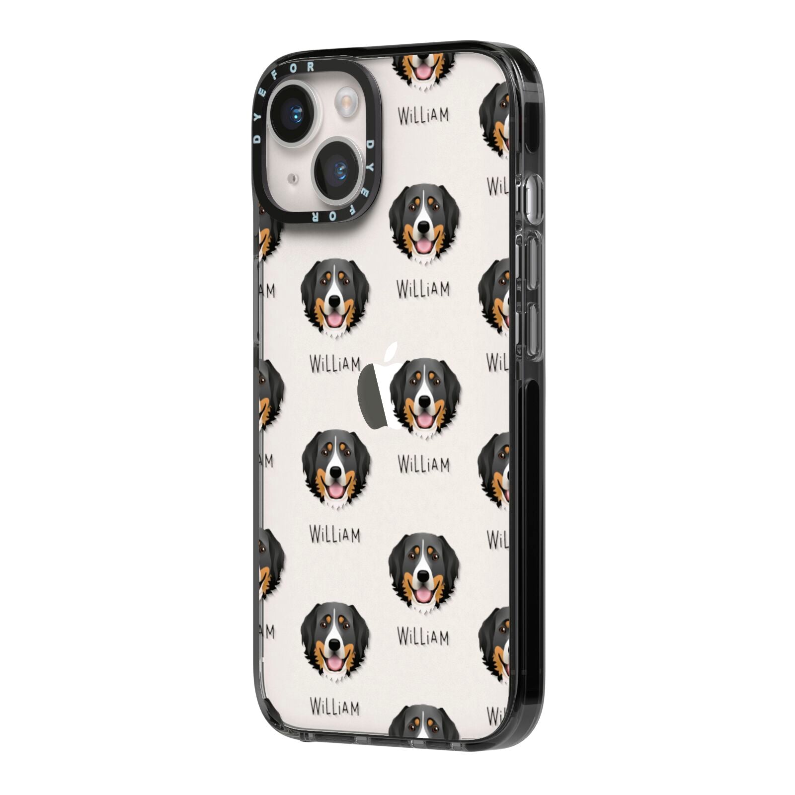 Bernese Mountain Dog Icon with Name iPhone 14 Black Impact Case Side Angle on Silver phone