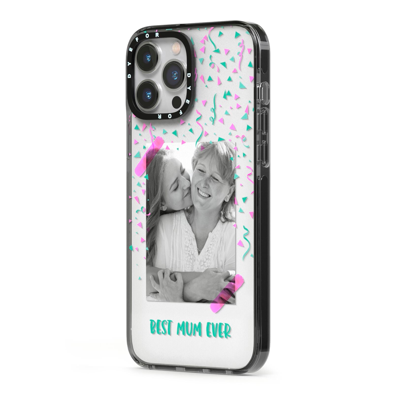 Best Mum Photo Upload Mothers Day iPhone 13 Pro Max Black Impact Case Side Angle on Silver phone