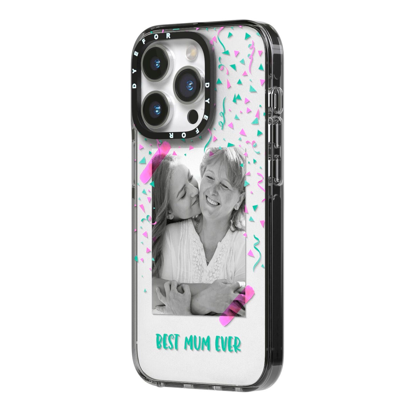 Best Mum Photo Upload Mothers Day iPhone 14 Pro Black Impact Case Side Angle on Silver phone