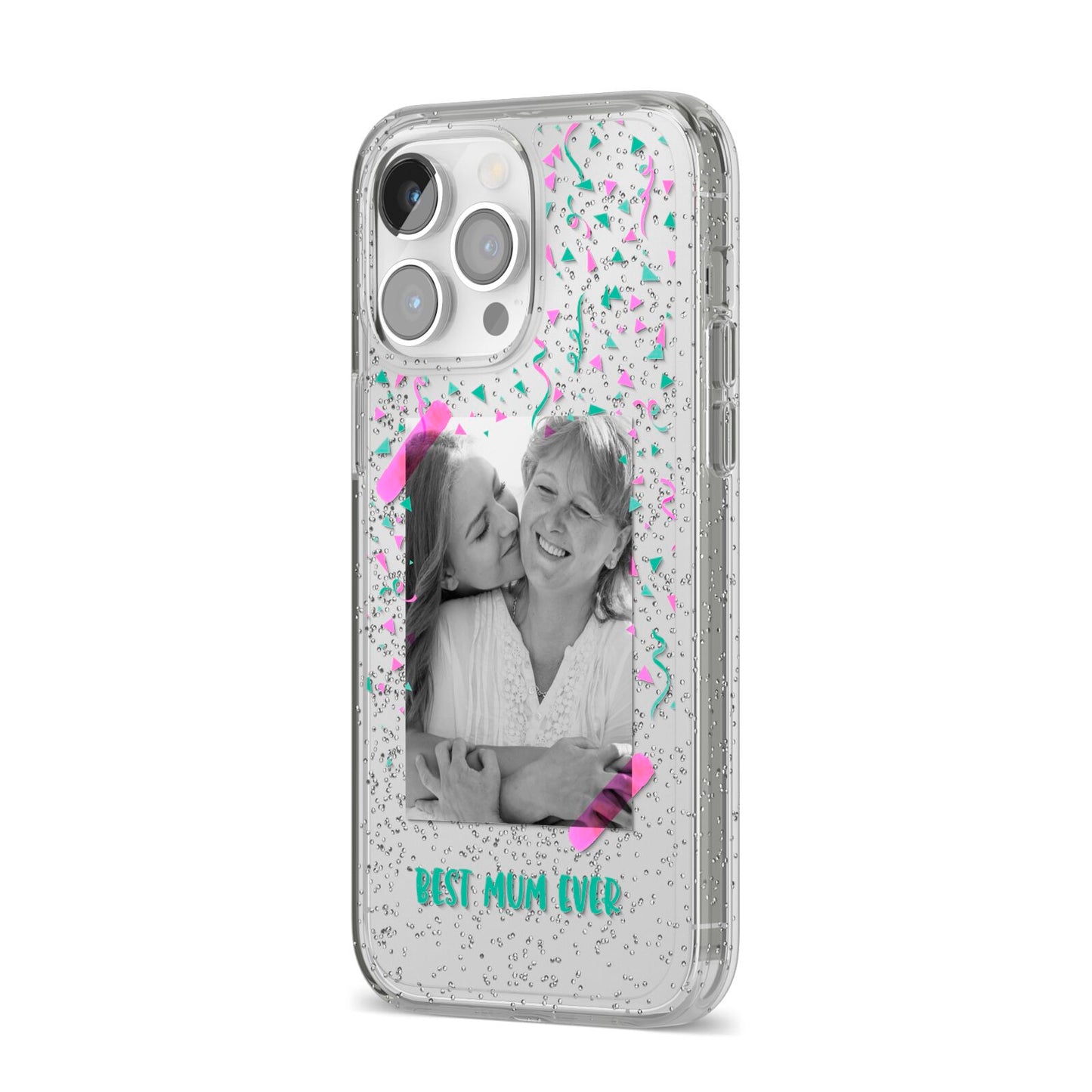 Best Mum Photo Upload Mothers Day iPhone 14 Pro Max Glitter Tough Case Silver Angled Image