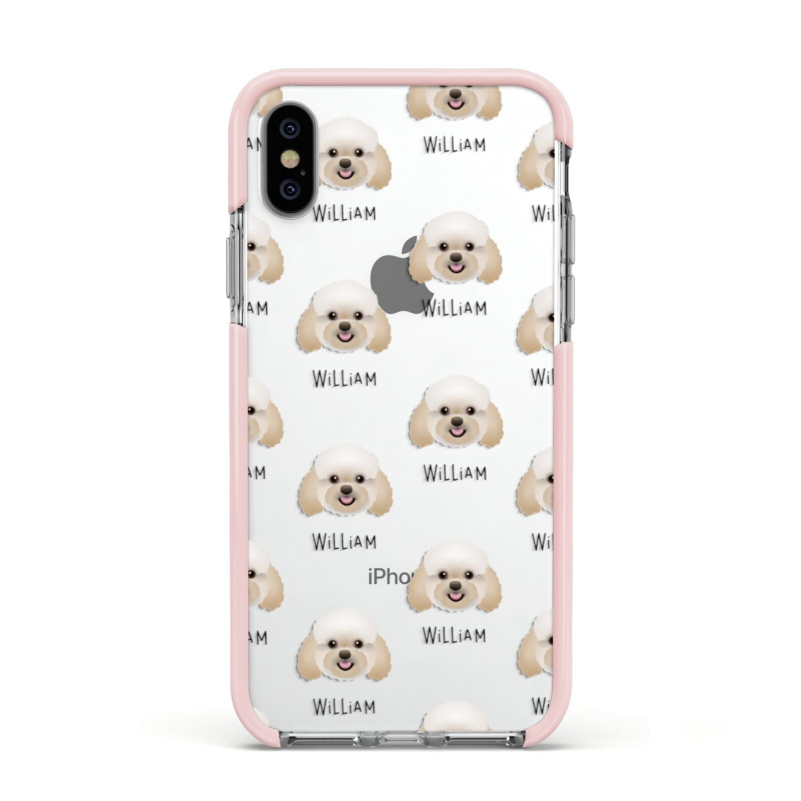 Bich poo Icon with Name Apple iPhone Xs Impact Case Pink Edge on Silver Phone