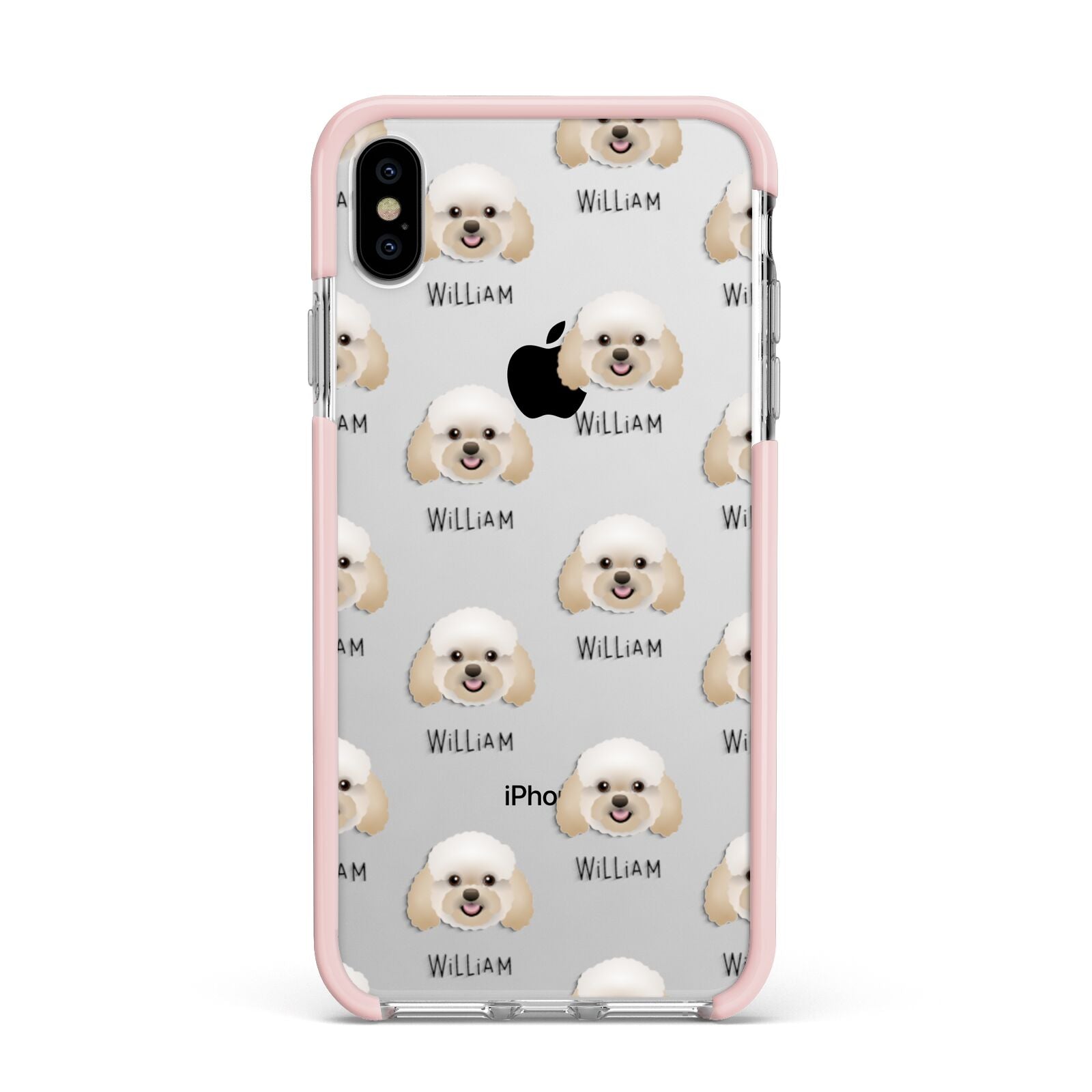 Bich poo Icon with Name Apple iPhone Xs Max Impact Case Pink Edge on Silver Phone