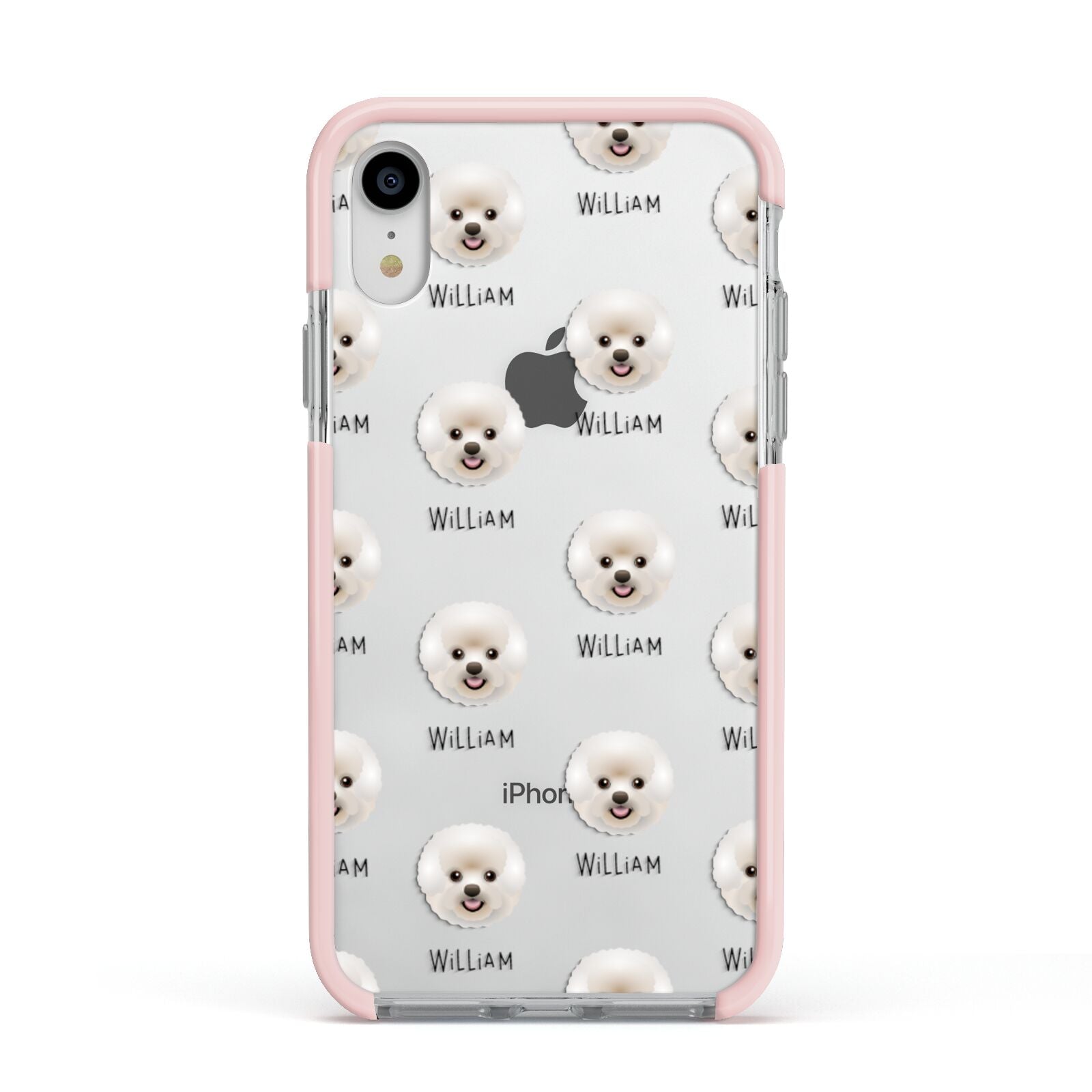 Bichon Frise Icon with Name Apple iPhone XR Impact Case Pink Edge on Silver Phone