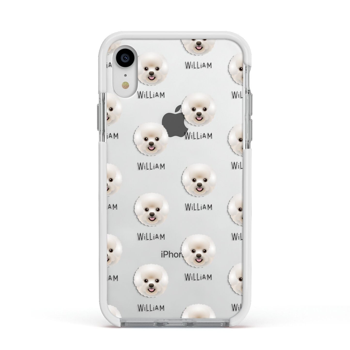 Bichon Frise Icon with Name Apple iPhone XR Impact Case White Edge on Silver Phone