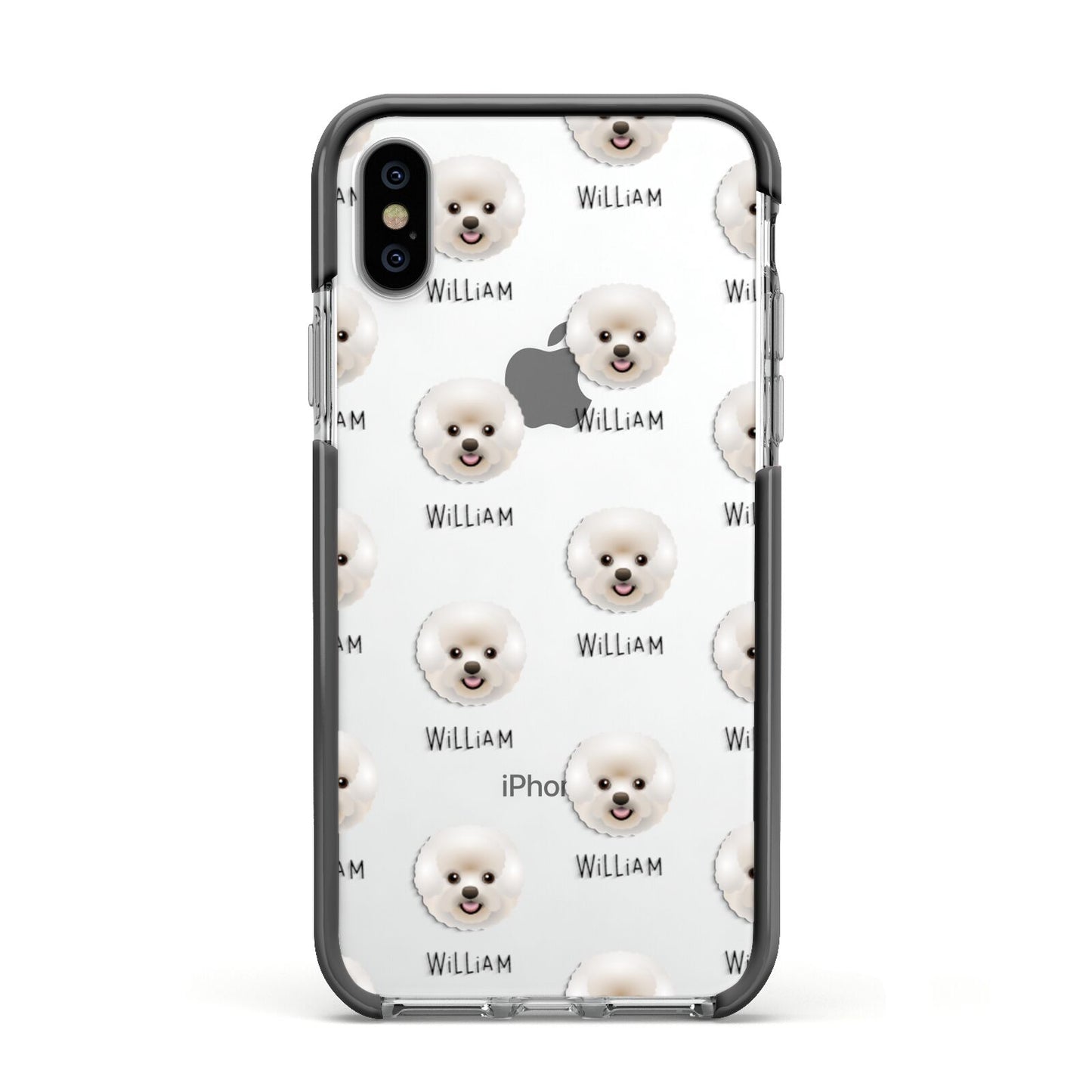 Bichon Frise Icon with Name Apple iPhone Xs Impact Case Black Edge on Silver Phone