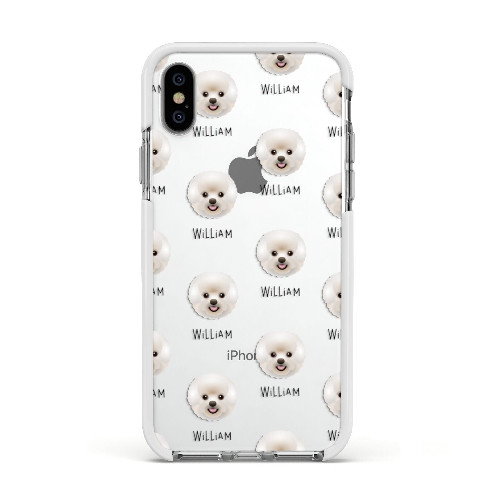 Bichon Frise Icon with Name Apple iPhone Xs Impact Case White Edge on Silver Phone