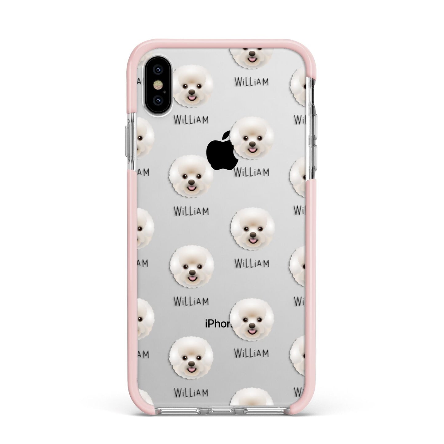 Bichon Frise Icon with Name Apple iPhone Xs Max Impact Case Pink Edge on Silver Phone