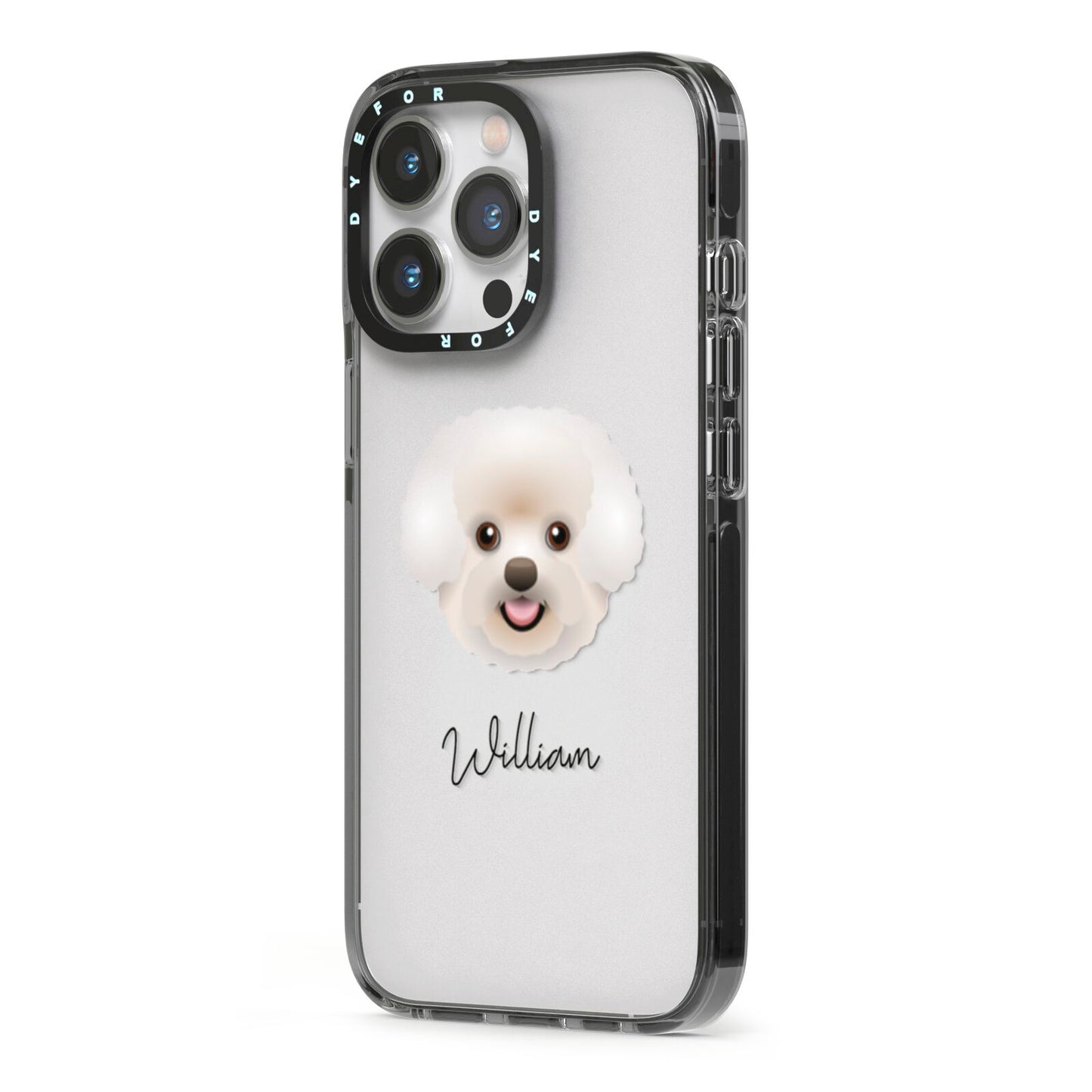 Bichon Frise Personalised iPhone 13 Pro Black Impact Case Side Angle on Silver phone