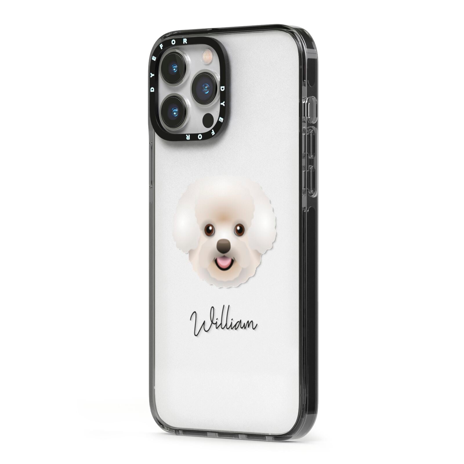 Bichon Frise Personalised iPhone 13 Pro Max Black Impact Case Side Angle on Silver phone