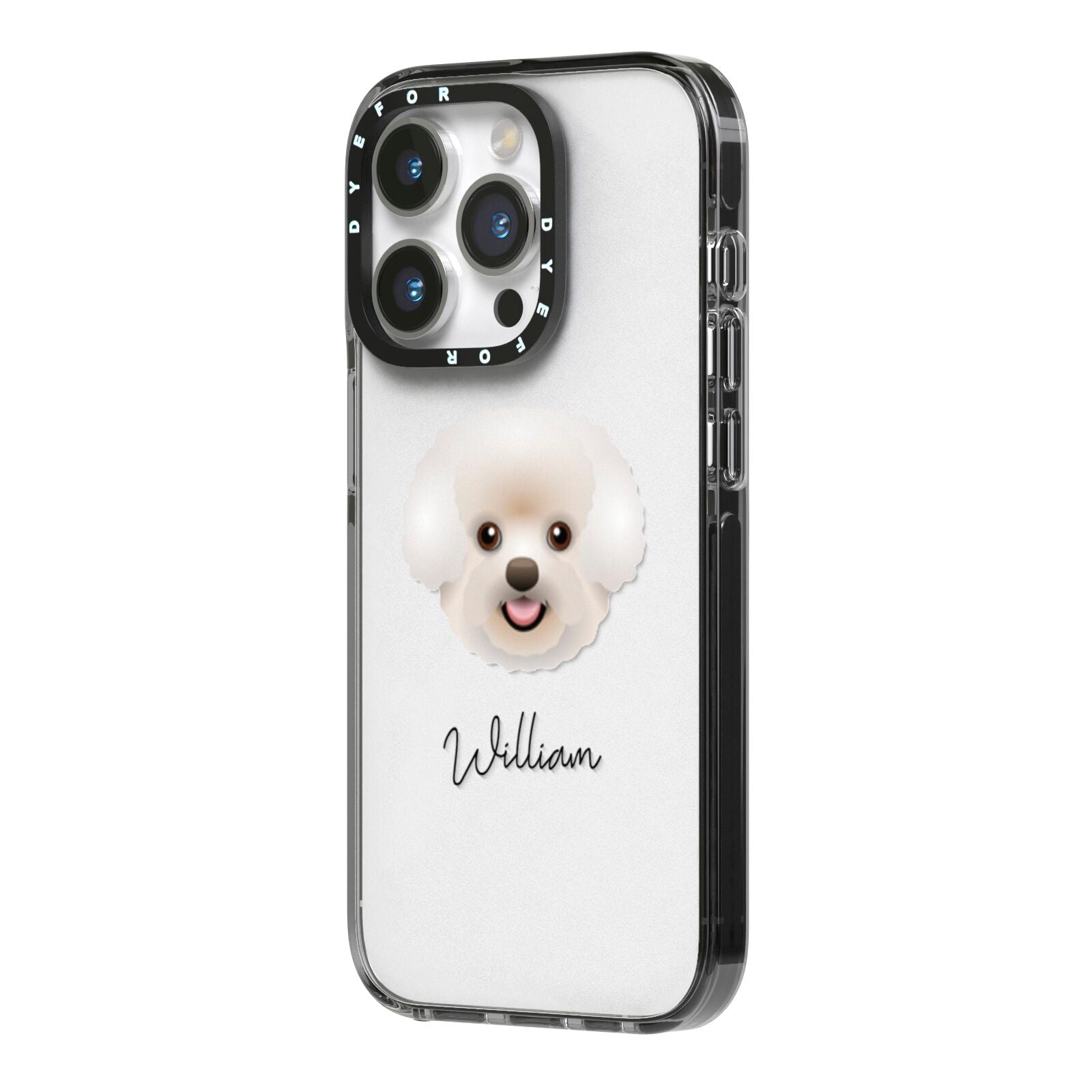 Bichon Frise Personalised iPhone 14 Pro Black Impact Case Side Angle on Silver phone