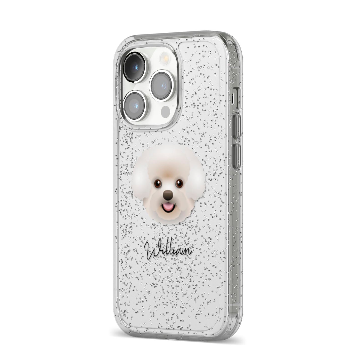 Bichon Frise Personalised iPhone 14 Pro Glitter Tough Case Silver Angled Image