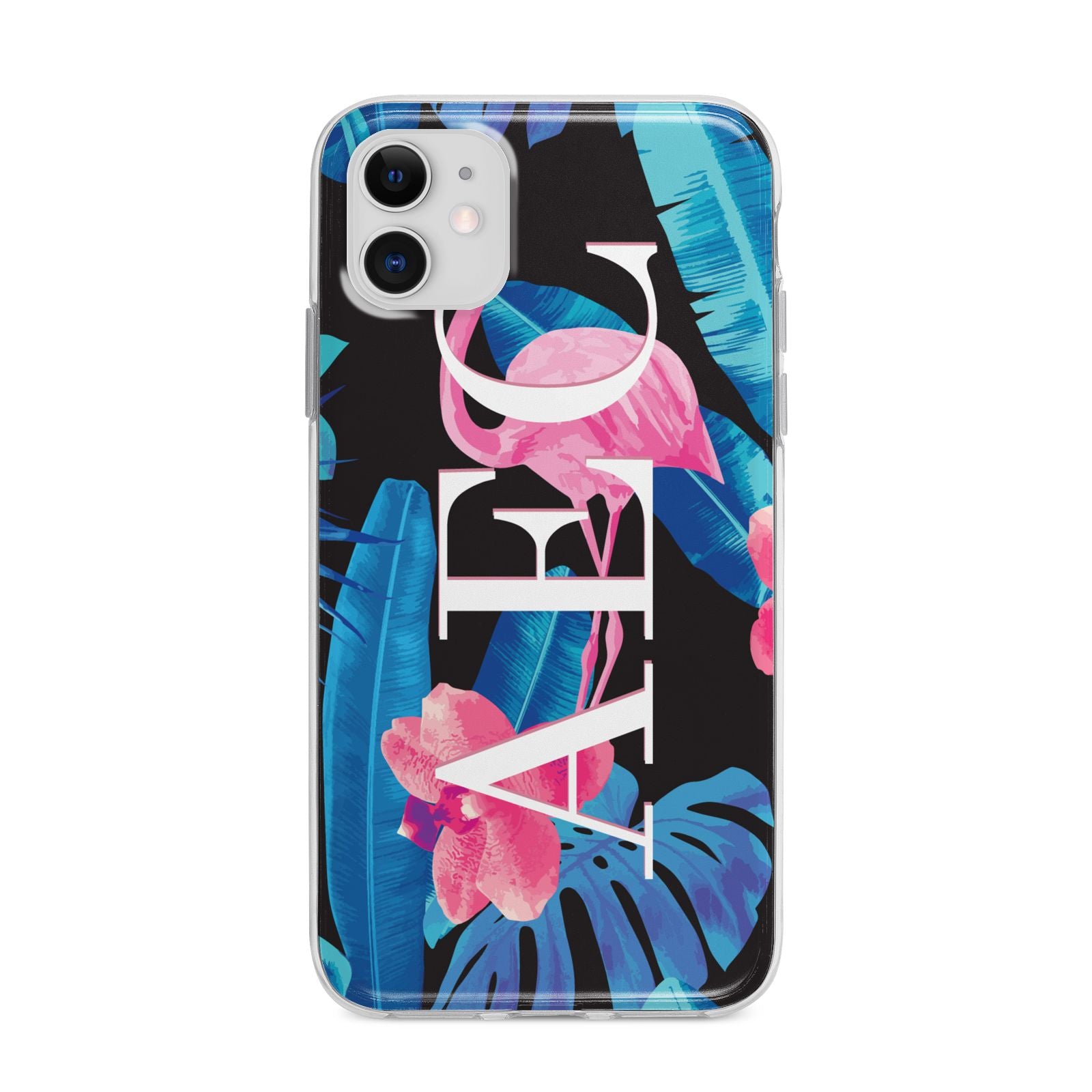 Black Blue Tropical Flamingo Apple iPhone 11 in White with Bumper Case