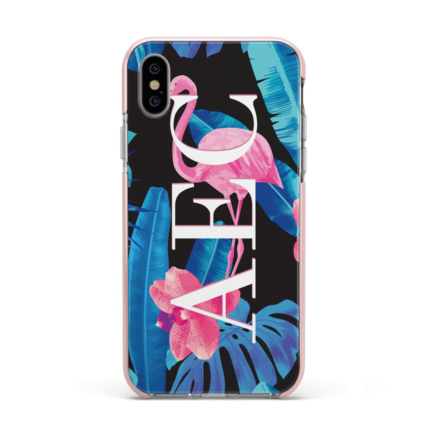 Black Blue Tropical Flamingo Apple iPhone Xs Impact Case Pink Edge on Silver Phone