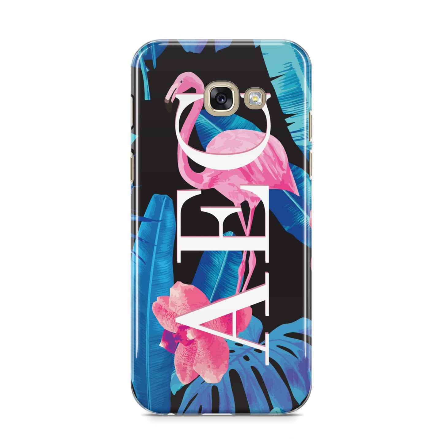 Black Blue Tropical Flamingo Samsung Galaxy A5 2017 Case on gold phone