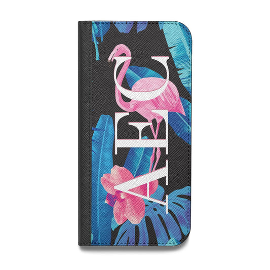 Black Blue Tropical Flamingo Vegan Leather Flip Samsung Case