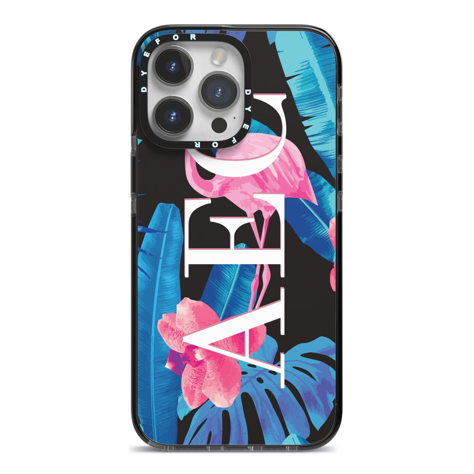 Black Blue Tropical Flamingo iPhone 14 Pro Max Black Impact Case on Silver phone