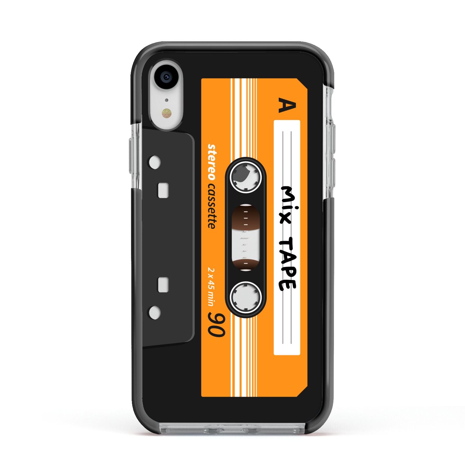 Black Casette Tape Apple iPhone XR Impact Case Black Edge on Silver Phone