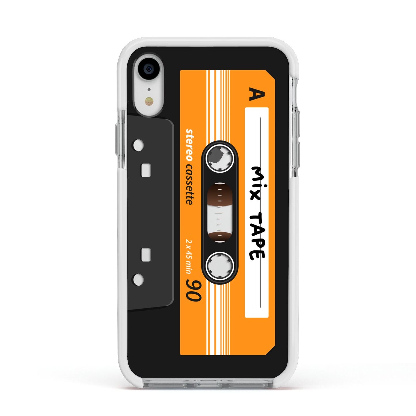 Black Casette Tape Apple iPhone XR Impact Case White Edge on Silver Phone