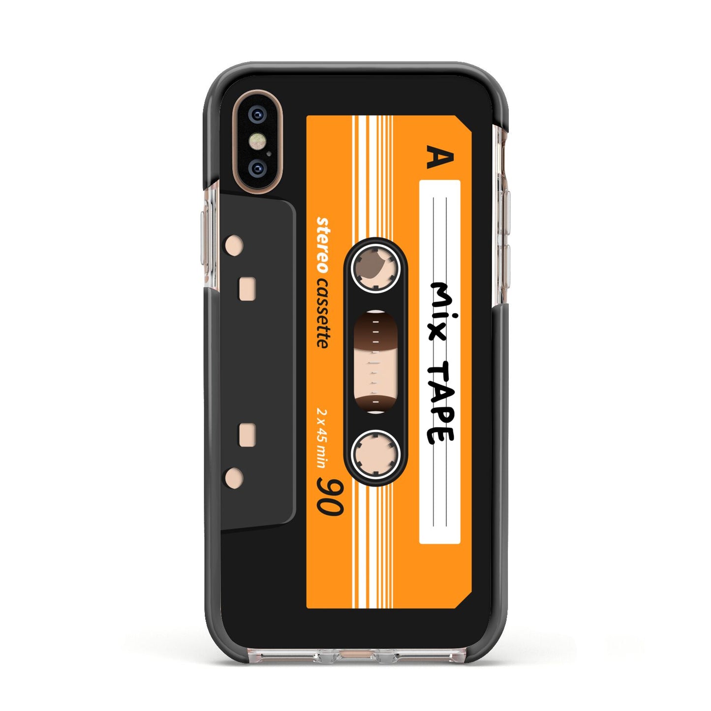 Black Casette Tape Apple iPhone Xs Impact Case Black Edge on Gold Phone