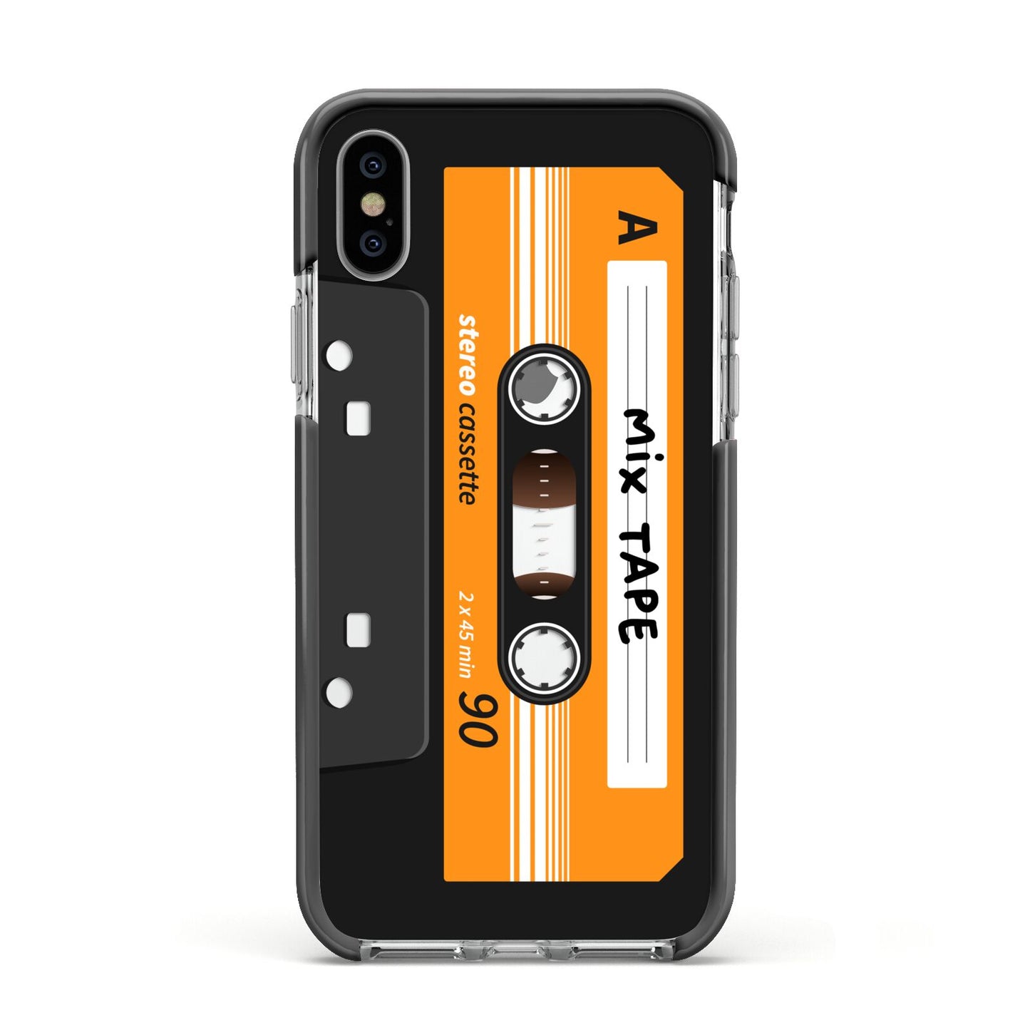 Black Casette Tape Apple iPhone Xs Impact Case Black Edge on Silver Phone