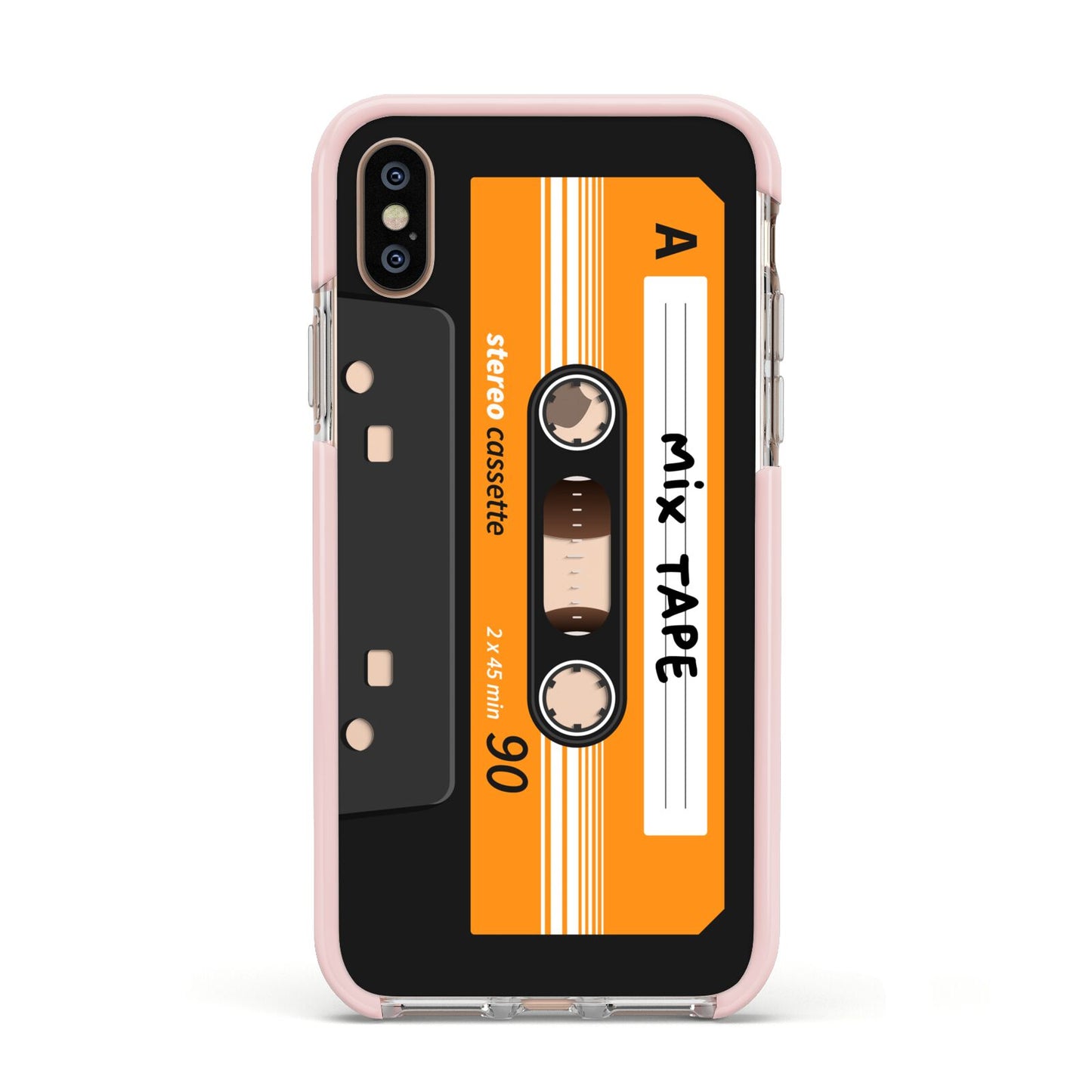 Black Casette Tape Apple iPhone Xs Impact Case Pink Edge on Gold Phone