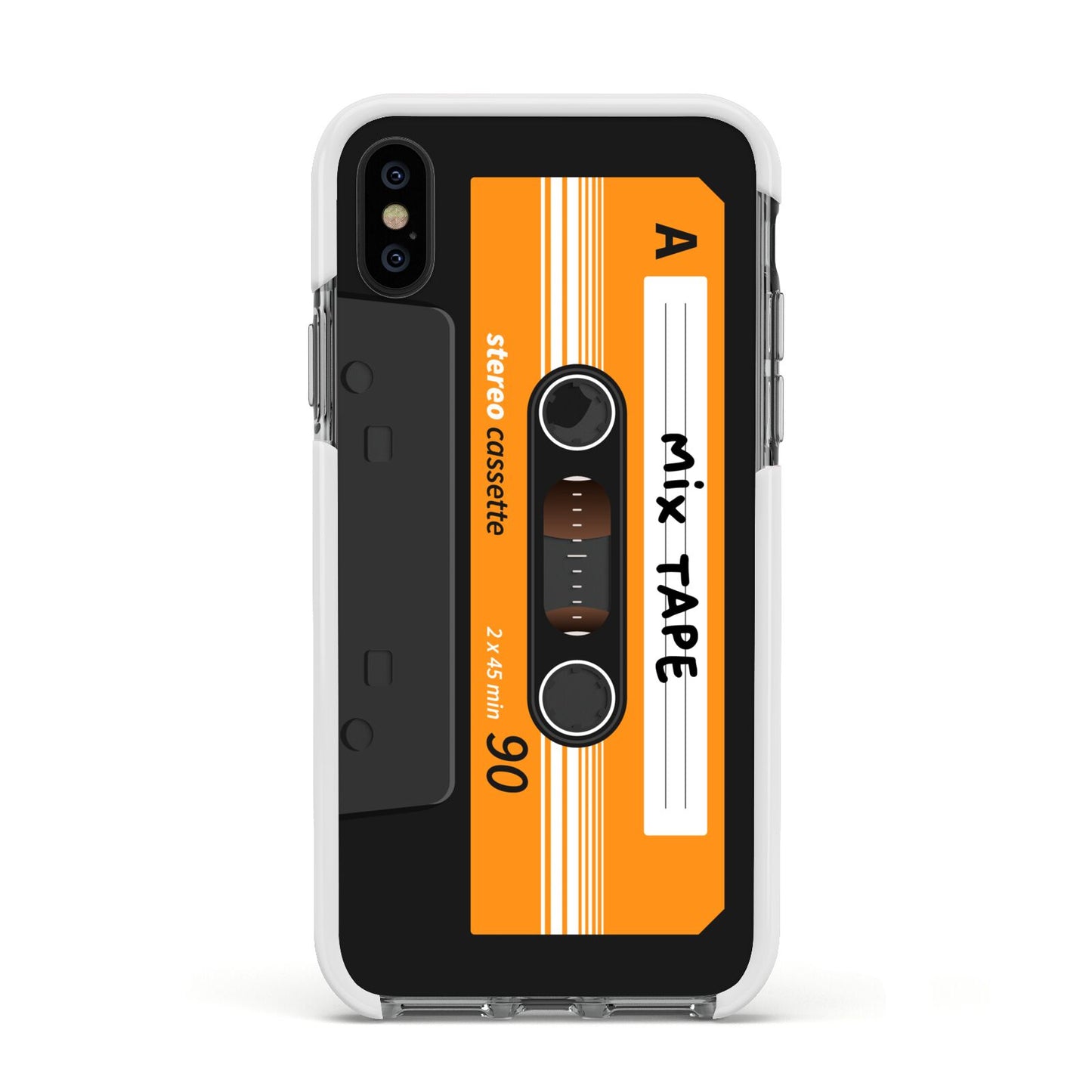 Black Casette Tape Apple iPhone Xs Impact Case White Edge on Black Phone