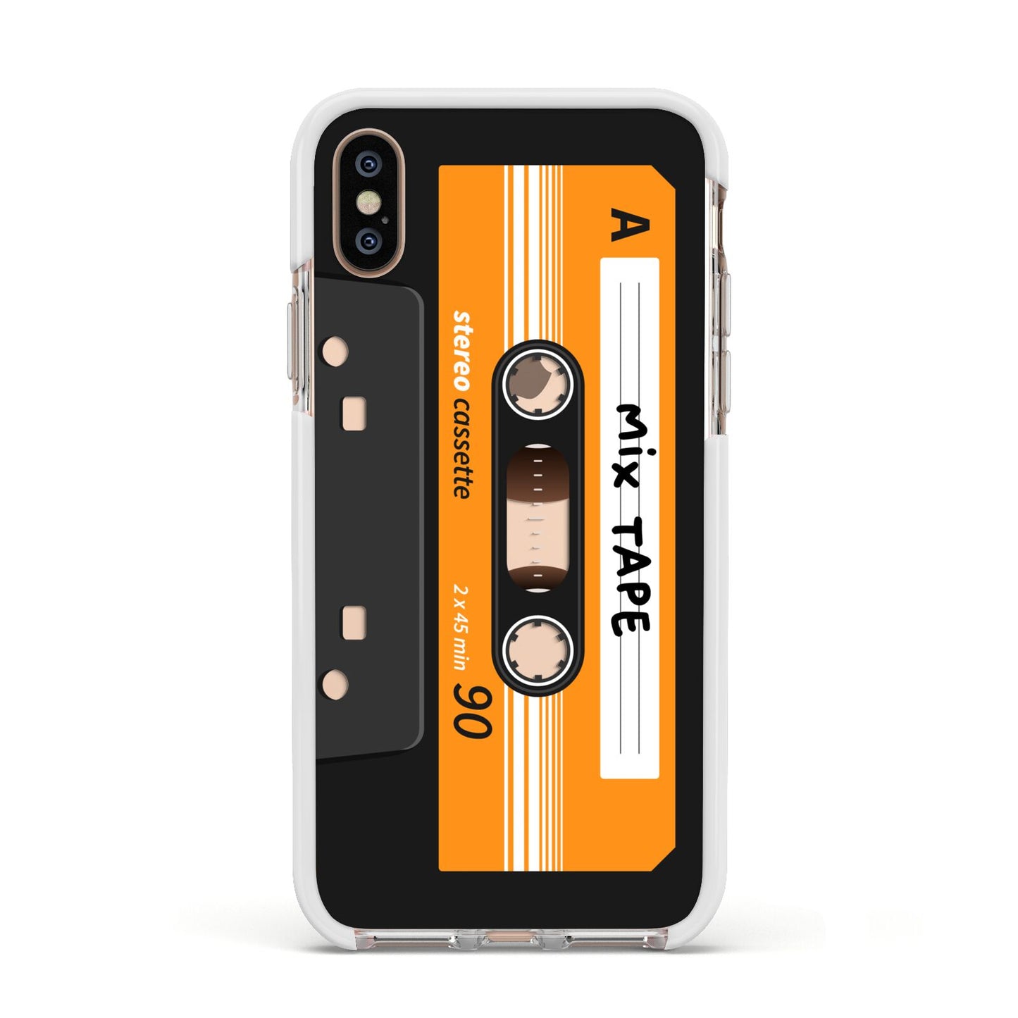 Black Casette Tape Apple iPhone Xs Impact Case White Edge on Gold Phone