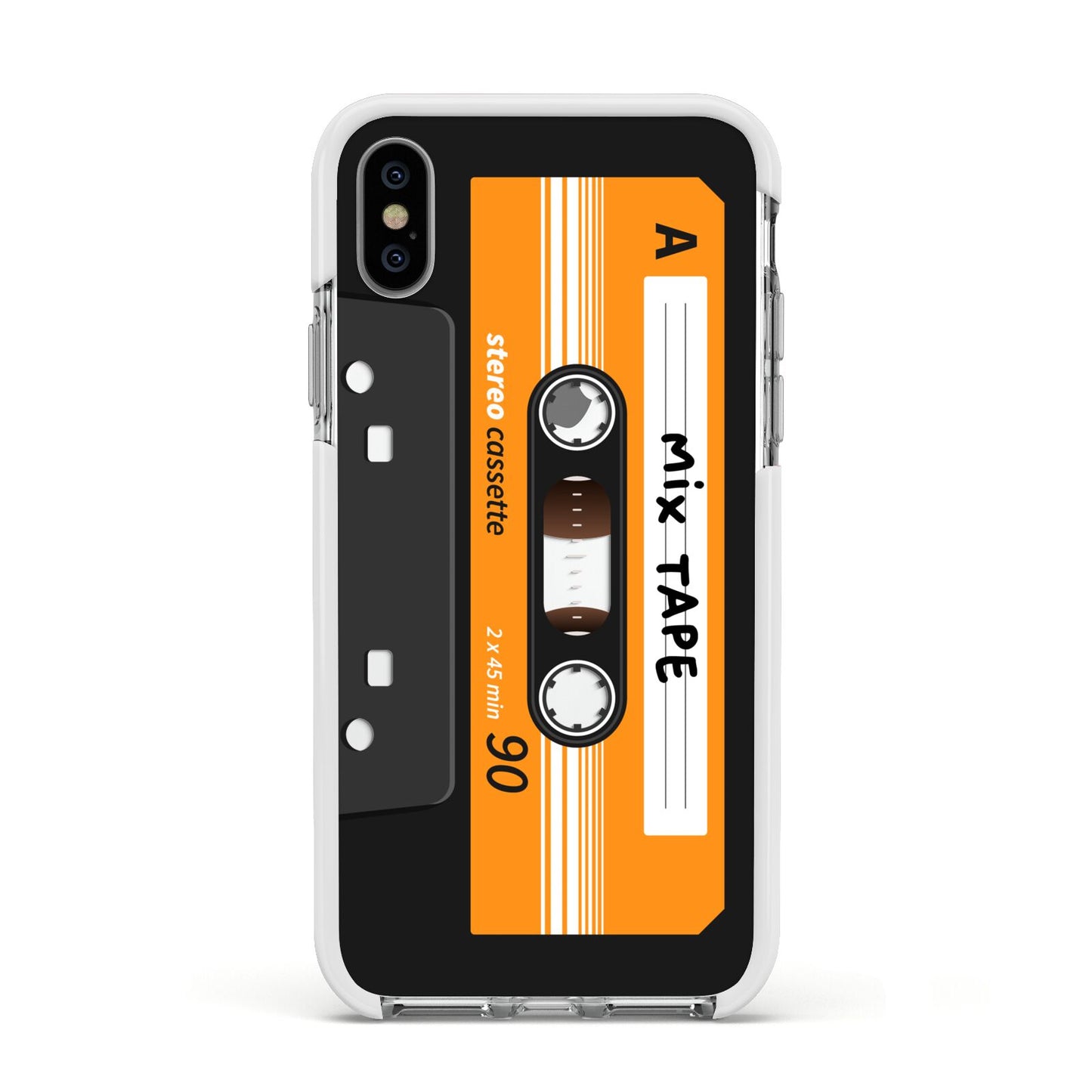 Black Casette Tape Apple iPhone Xs Impact Case White Edge on Silver Phone