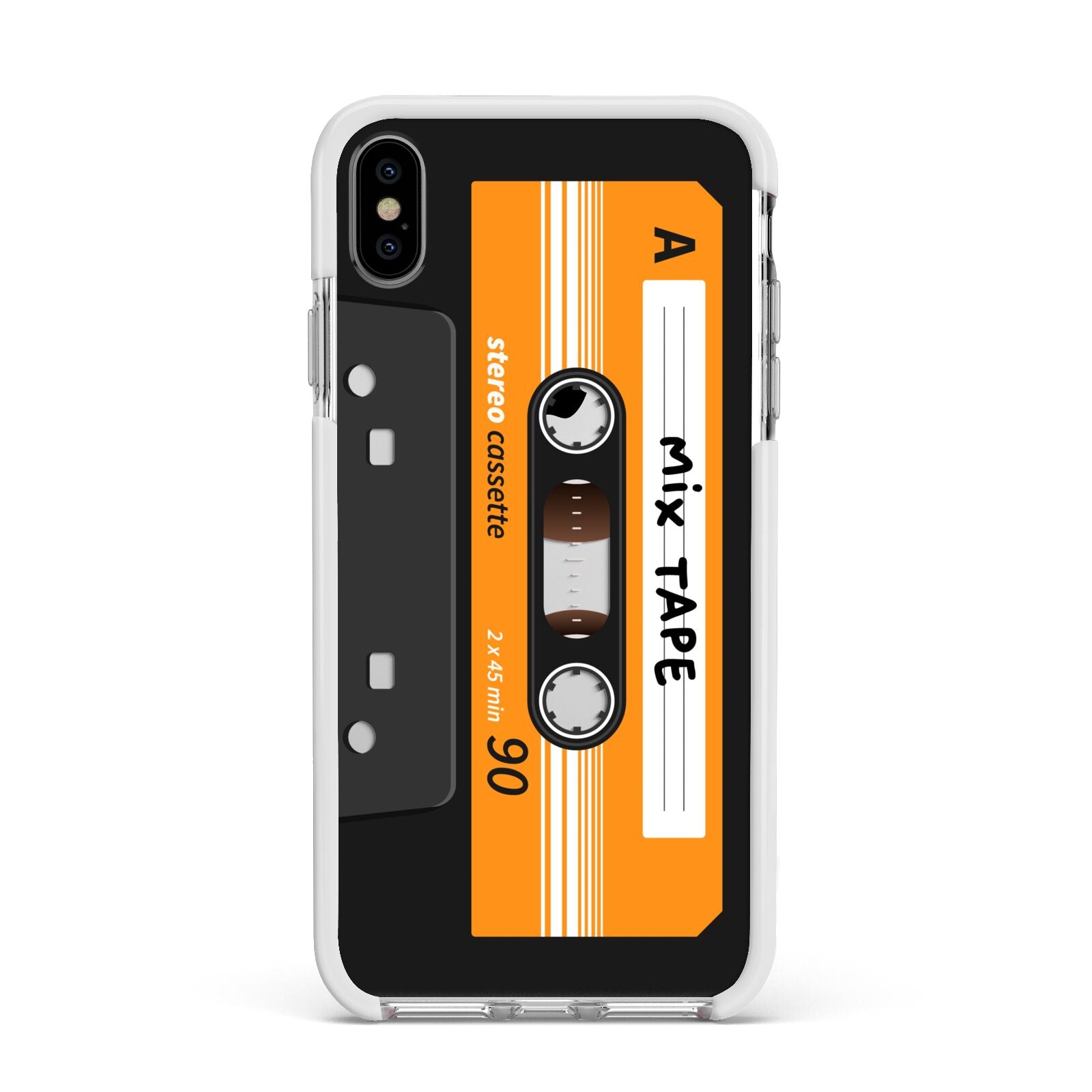 Black Casette Tape Apple iPhone Xs Max Impact Case White Edge on Silver Phone