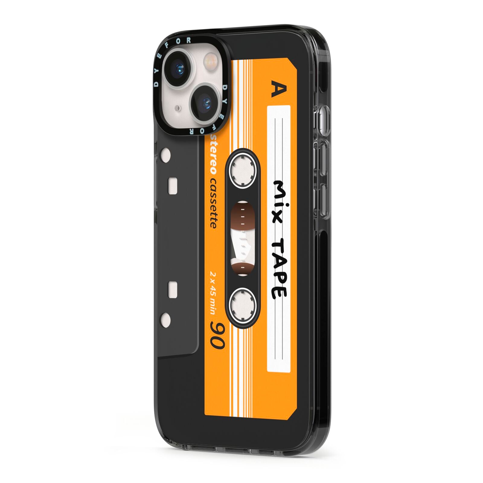 Black Casette Tape iPhone 13 Black Impact Case Side Angle on Silver phone