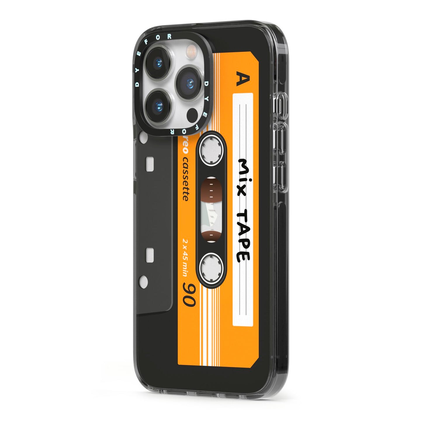 Black Casette Tape iPhone 13 Pro Black Impact Case Side Angle on Silver phone