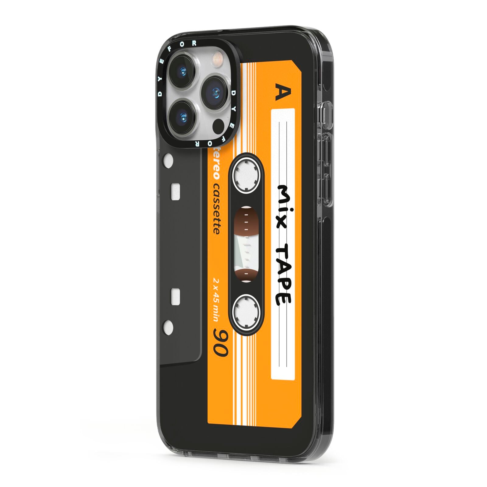 Black Casette Tape iPhone 13 Pro Max Black Impact Case Side Angle on Silver phone