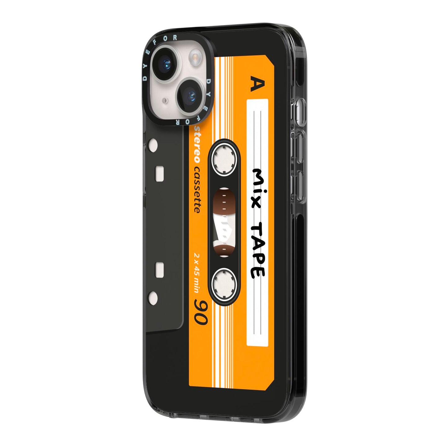 Black Casette Tape iPhone 14 Black Impact Case Side Angle on Silver phone