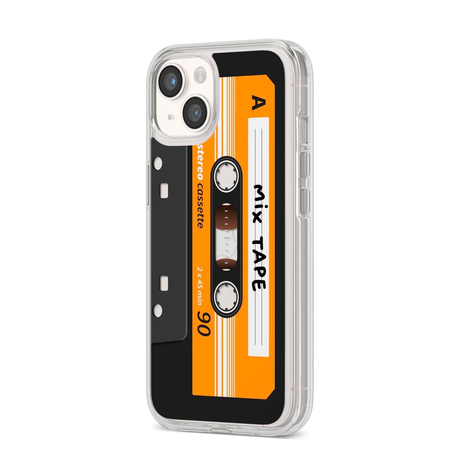 Black Casette Tape iPhone 14 Clear Tough Case Starlight Angled Image