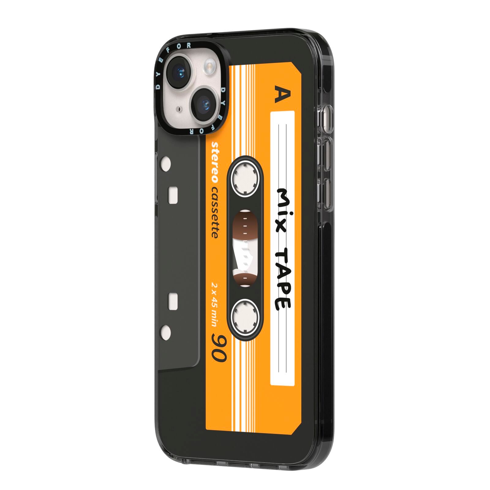 Black Casette Tape iPhone 14 Plus Black Impact Case Side Angle on Silver phone