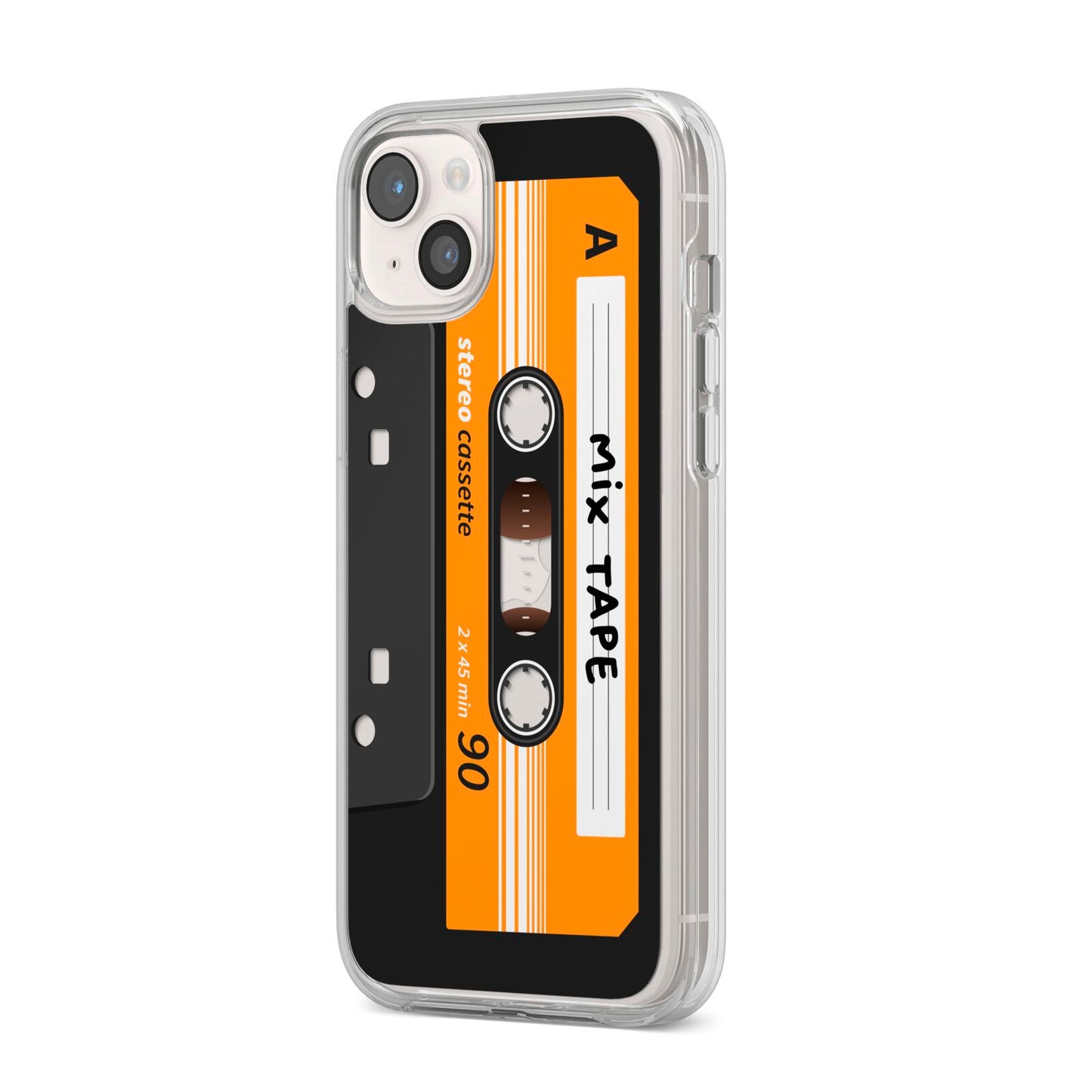 Black Casette Tape iPhone 14 Plus Clear Tough Case Starlight Angled Image