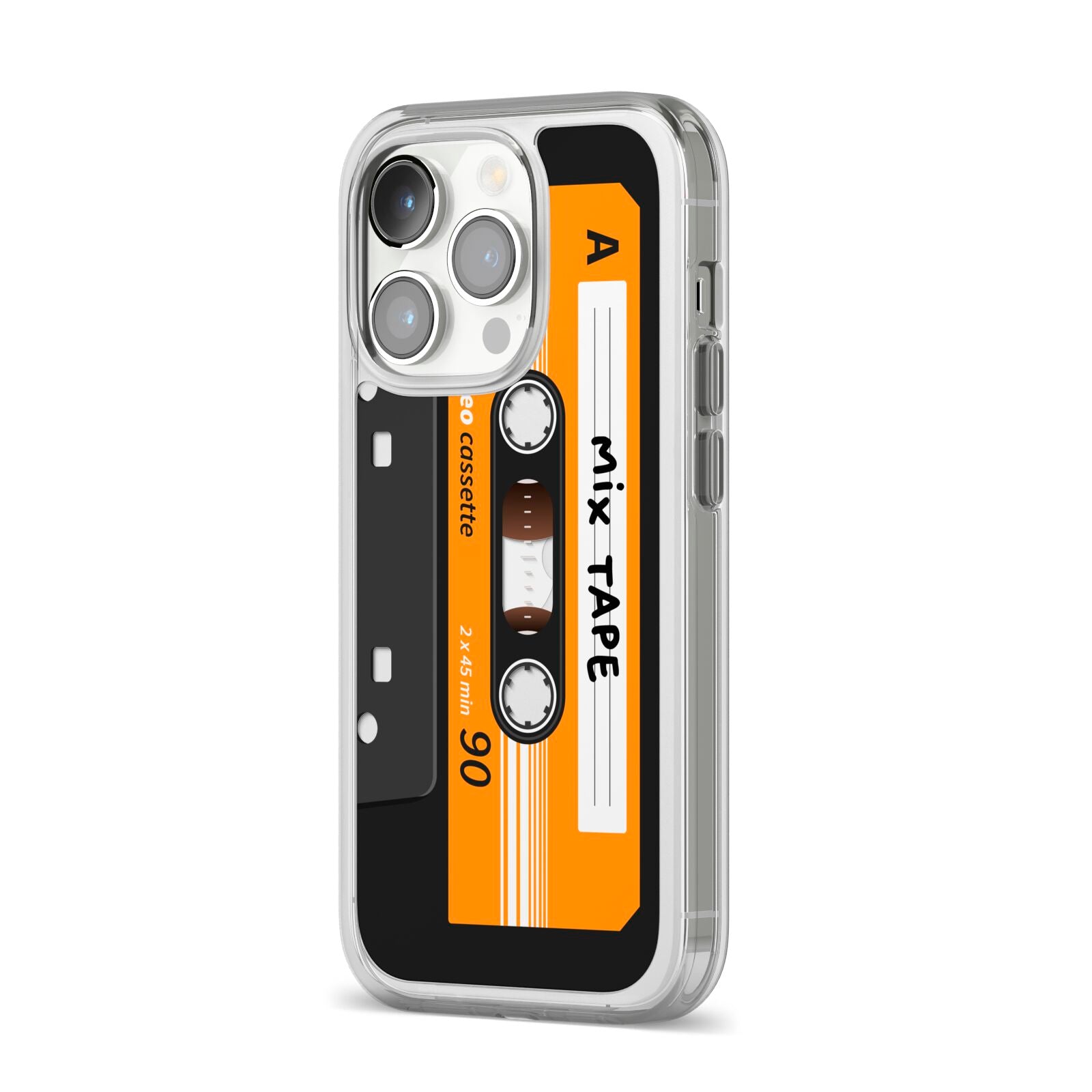 Black Casette Tape iPhone 14 Pro Clear Tough Case Silver Angled Image