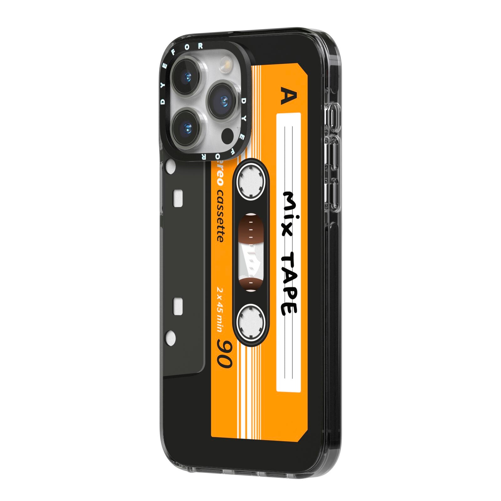 Black Casette Tape iPhone 14 Pro Max Black Impact Case Side Angle on Silver phone